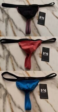 NEW Set Of 3 N2N Bodywear Mens Sexy Ass Cotton Thongs Color Black Blue Red Large